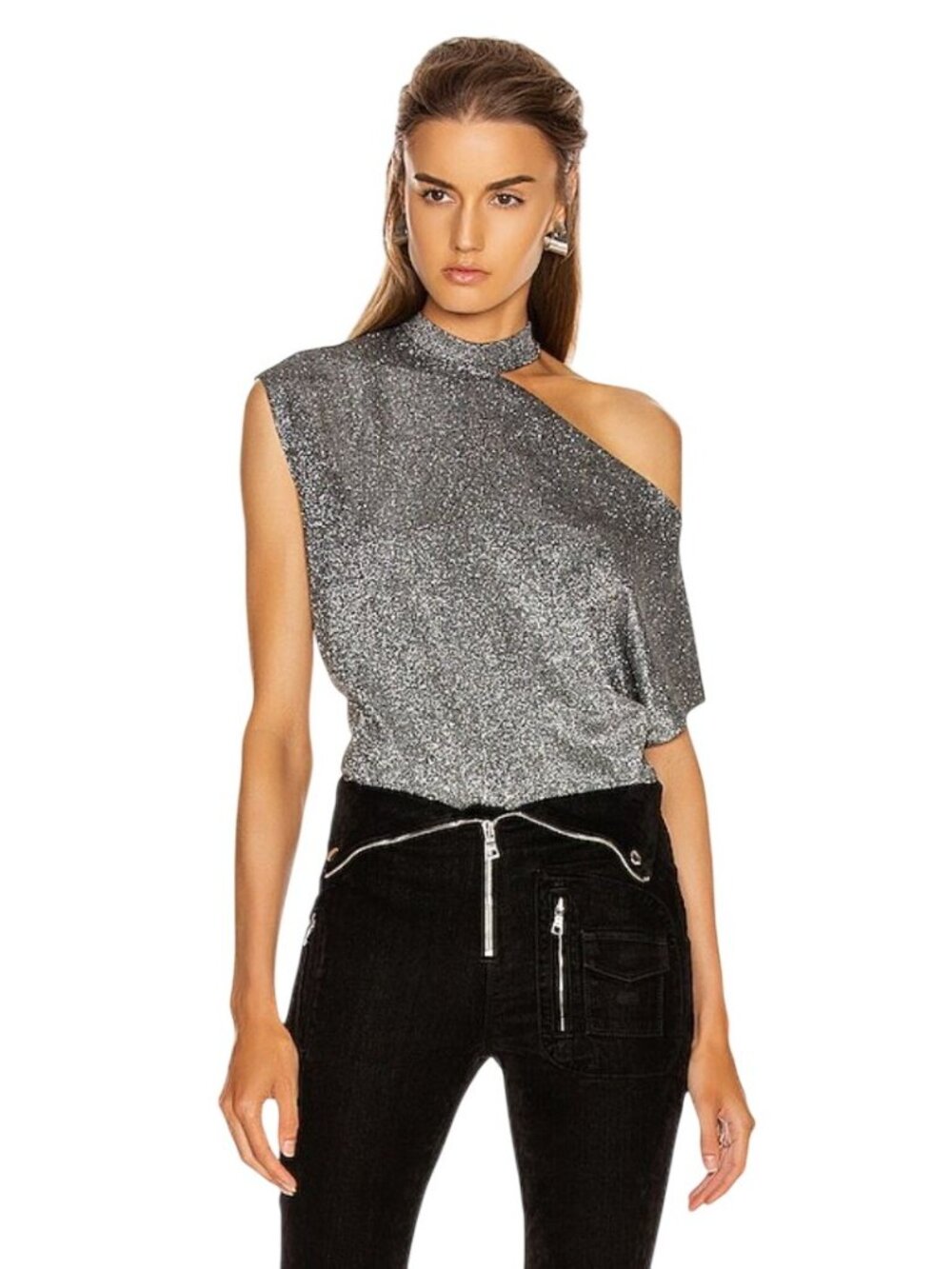 RtA Axel Metallic Cutout off shoulder Shirt, Silver - Size S